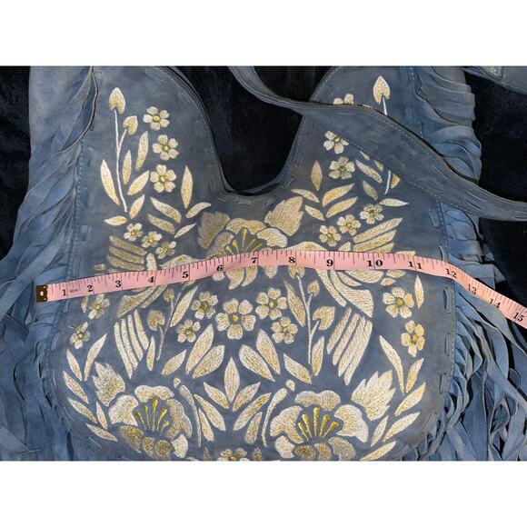 JODILEE AUSTRALIA "HEAVENLY" BLUE SUEDE FRINGED EMBROIDERED BOHO BAG - Picture 7 of 11